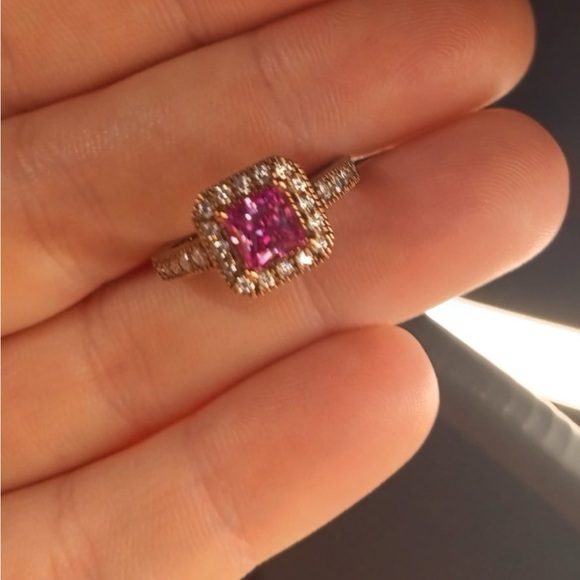 Pink Moissanite (Cush 8x8mm), White Moissanite Ring in Vermeil - Picture 1 of 2
